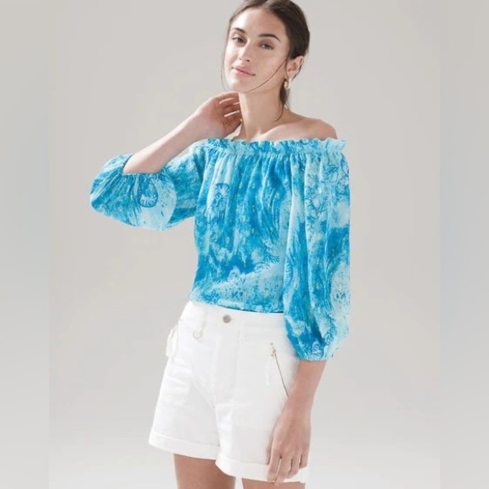 New White House Black Market Blue Off-Shoulder Sea Shell Nautilus Summer Top
